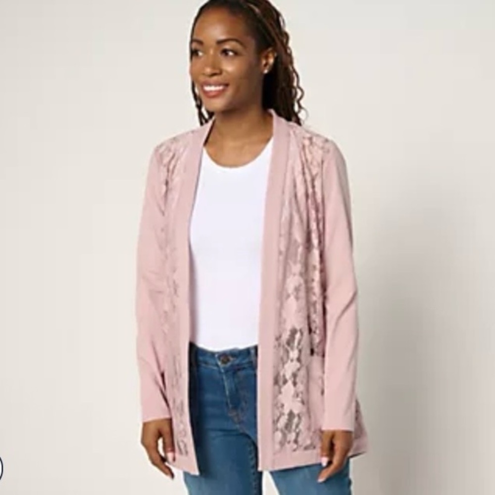 Logo by Lori Goldstein Lace and Knit Open Front Cardigan Dusty Rose Small NWOT